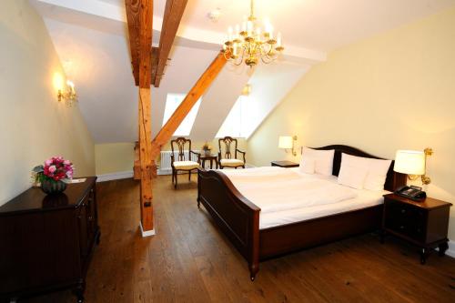 巴登-巴登佐姆黑斯彻翰里欧帕克拜德酒店的一间卧室配有一张大床和一个吊灯。