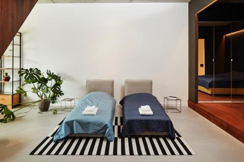 阿姆斯特丹New beautiful design studio in Amsterdam West的房间里的两张床
