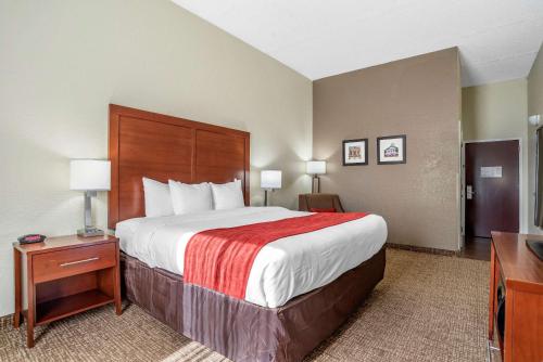 玛丽安娜Comfort Inn & Suites Marianna I-10的酒店客房设有一张大床和一张书桌。