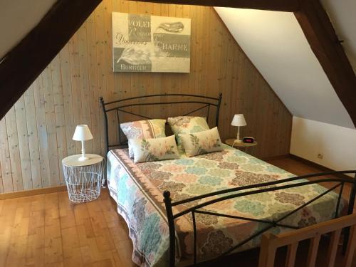 维朗德里L Ecrin, duplex classé 2 étoiles, au cœur de Villandry的一间位于阁楼的卧室,配有一张床和两盏灯。