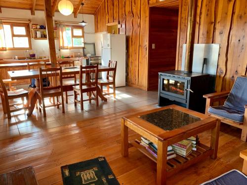 胡宁德洛斯安第斯Fly Fishing Cabin, Great Views的一间客厅,内设桌子和炉灶