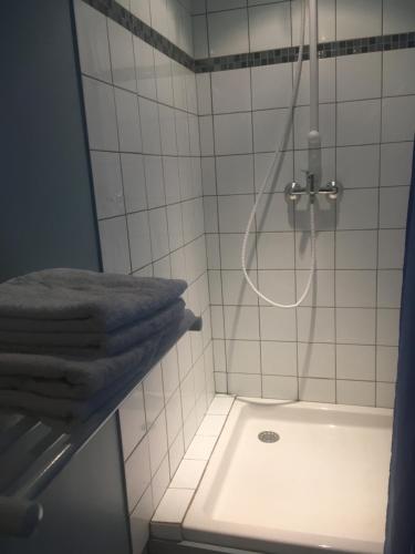 MarsL'Atelier du Pont de Mars的带淋浴、水槽和毛巾的浴室