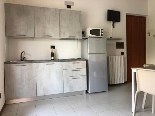 西尔米奥奈Ohana Apartments Camping Tiglio的厨房配有不锈钢橱柜和冰箱。