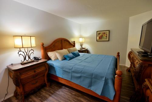 默特尔比奇Deluxe Ocean front One Bedroom suite in Sandy Beach Resort的一间卧室配有一张带蓝色床单的床和电视。