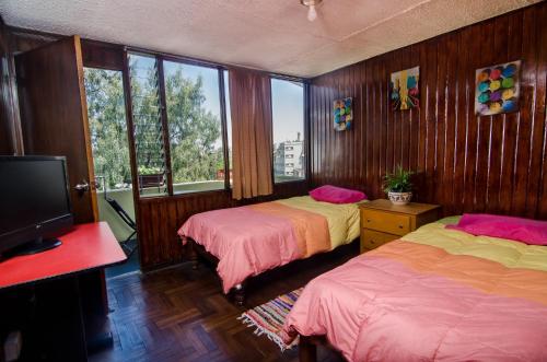 阿雷基帕Arequipay Hostel的一间卧室配有两张床和一台平面电视