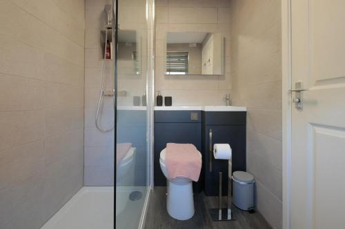 克鲁Crewe Short Lets 8 Victoria Court, Crewe的一间带卫生间和玻璃淋浴间的浴室
