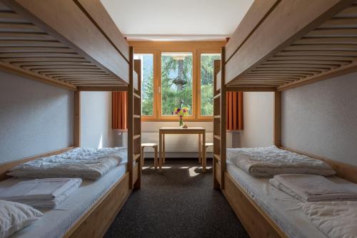 菲施Sport Resort Fiesch - Fiescher Hostel的带桌子的客房内的两张双层床