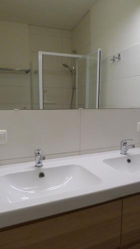 维瑟尔堡Cityhostel Wieselburg的一间带两个盥洗盆和大镜子的浴室