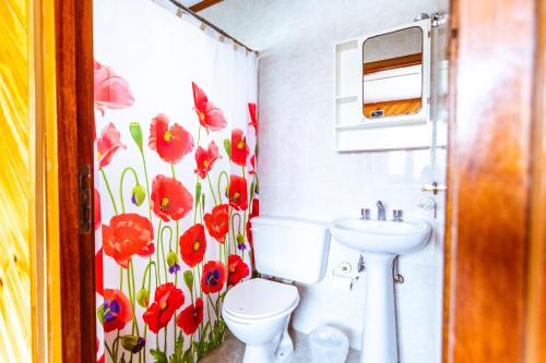 埃尔卡拉法特Bla Guest House的浴室设有卫生间和花卉淋浴帘