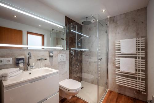 格英Appartement Pension Auhof的带淋浴、卫生间和盥洗盆的浴室