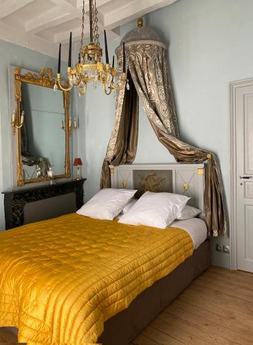 FreignéManoir de Ghaisne的一间卧室配有一张带黄毯和吊灯的床。