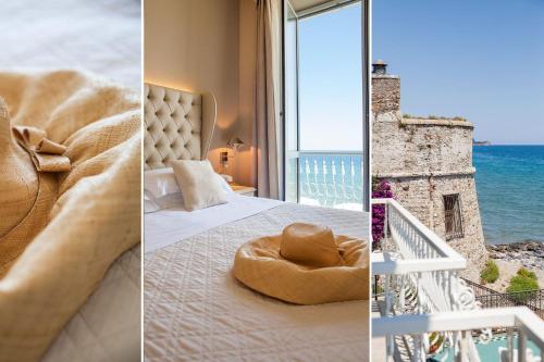 阿拉西奥莎沃丽雅酒店的一间卧室配有一张床,享有海景