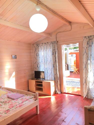 加格拉Эко домики у моря в Гаграх的客房设有床、电视和窗户。