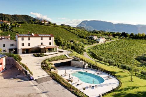 维托里奥·威尼托Relais Althea Azienda Agrituristica的享有别墅空中美景,设有游泳池和葡萄园