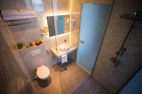 诺瓦利娅LIBERTY PLAZA的带淋浴、卫生间和盥洗盆的浴室