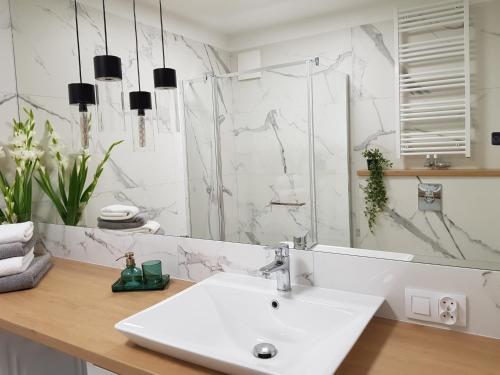 格但斯克Old Motława Mirror Apartment的白色的浴室设有水槽和镜子