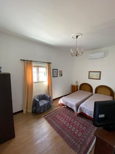 埃斯特雷莫斯Casa do Morgado do Casco的一间卧室配有两张床和电视。