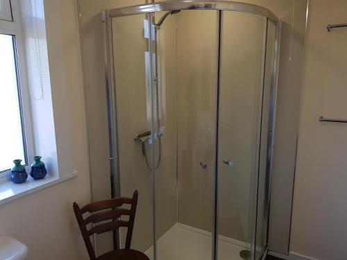 Saint MarysGlenduron-by-Sea的浴室里设有玻璃门淋浴