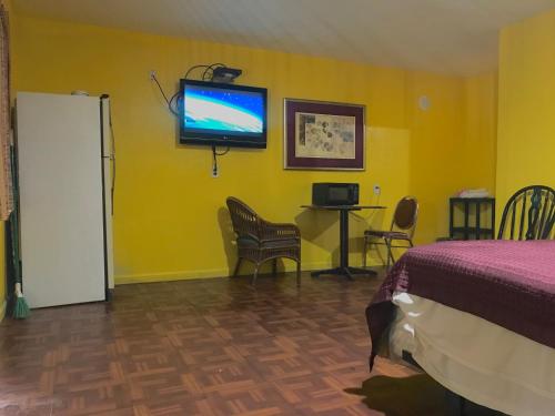 奥克兰海军准将汽车旅馆的一间设有床铺的房间,并在黄色的墙上设有一台电视机