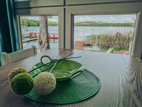 切米诺Kaszubskie Zacisze的一张桌子上有一个绿色的盘子,享有湖景