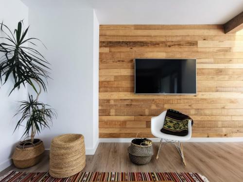 哈卡Oroel的客厅设有木墙和电视