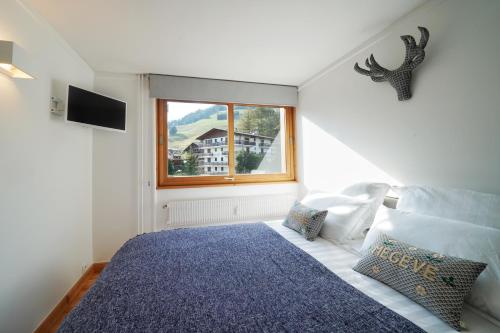梅杰夫La Ménandière的一间卧室设有一张大床和一个窗户。