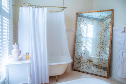 萨凡纳Justine Inn Savannah的带浴缸和淋浴帘的浴室