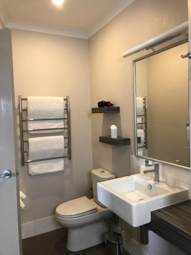 奥尔巴尼Saltair Luxury Accommodation - Adults Only的一间带水槽、卫生间和镜子的浴室