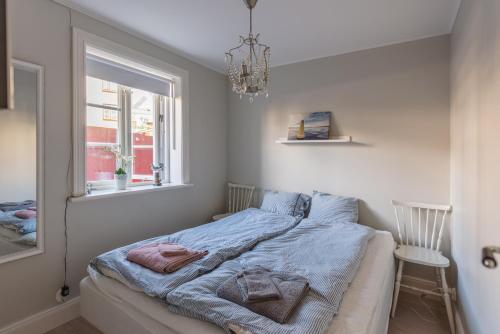 瓦克斯霍尔姆Stockholm Archipelago apartment的一间卧室设有一张床、一个窗户和一个吊灯。