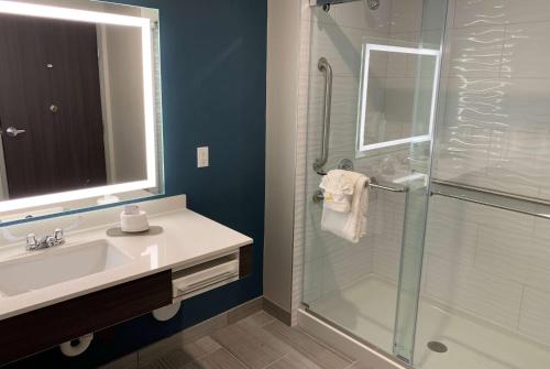 胡尔伯克La Quinta Inn & Suites by Wyndham Holbrook Petrified Forest的一间带玻璃淋浴和水槽的浴室