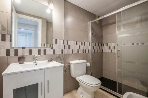 塞维利亚Apartamento cerca del Alcázar con garaje privado的浴室配有卫生间、盥洗盆和淋浴。
