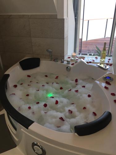 布拉克Luxuswohnung Pazifik WESER WELLNESS WHIRLPOOL的浴缸里充满了大量的红色心脏