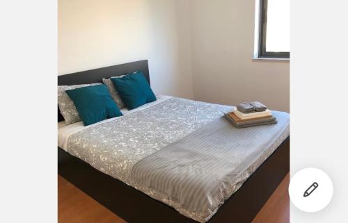 蒙蒂茹Wonderful apartament Lisbon的一间卧室配有一张带蓝色枕头的床