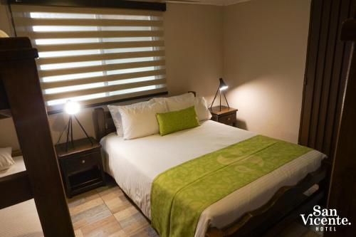 圣罗莎德卡瓦尔Hotel Termales San Vicente的一间卧室配有一张带绿毯的床