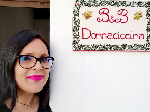 里里耶沃特拉帕尼董娜西西纳旅馆的戴眼镜的女人站在墙上,有标志