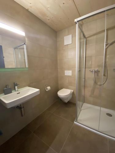 施瓦尔茨湖Horizon 4的带淋浴、盥洗盆和卫生间的浴室