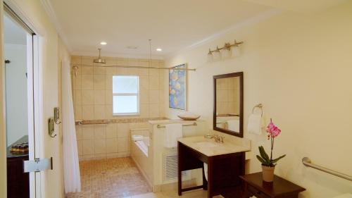 基拉戈椰树棕榈树旅馆的一间带水槽、浴缸和镜子的浴室
