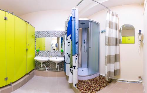阿拉木图Хостел 689CapsuleHotel&Coffee的一间带两个盥洗盆和淋浴的浴室