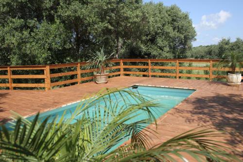 莱乌卡Villa Serena Maria的木栅栏旁的院子内的游泳池
