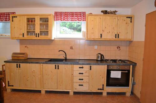 兹蒂尔Villa Zdiar 681的一个带木制橱柜和水槽的厨房
