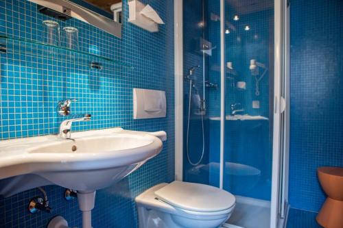 艾罗洛BB加尔尼莫塔酒店的蓝色瓷砖浴室设有水槽和淋浴