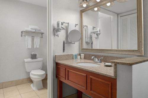 卡尔斯巴德Carlsbad by the Sea Hotel的一间带水槽、卫生间和镜子的浴室