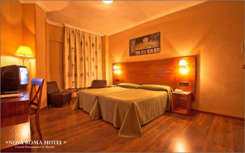梅里达新罗马酒店的酒店客房,配有床和电视