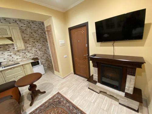 切尔诺夫策Man Apartment的客厅设有壁炉和平面电视。