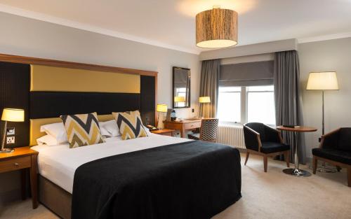 阿伯丁Ardoe House Hotel & Spa的配有一张床和一张书桌的酒店客房