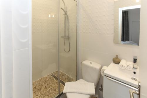 尚蒂伊Cocoon Retreat的带淋浴、卫生间和盥洗盆的浴室