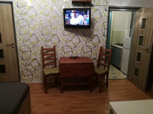 BohuniceApartment Oltec的客厅配有桌椅和墙上的电视
