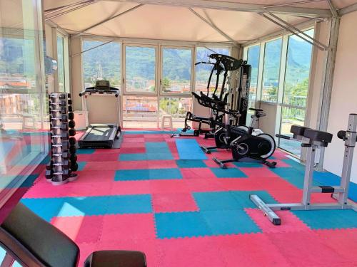 加尔达湖滨大使套房酒店的一间设有健身房的客房,配有色彩缤纷的地毯