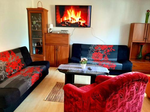 斯塔拉·里斯拉House Hanka, High Tatras的客厅设有两张沙发和一个壁炉