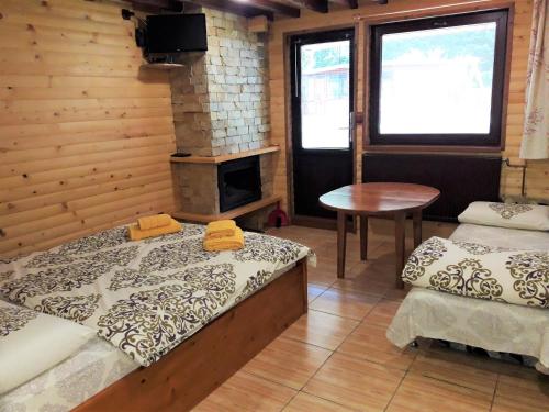 特里格拉德Guest House Chobaka的一间卧室设有两张床和一个壁炉